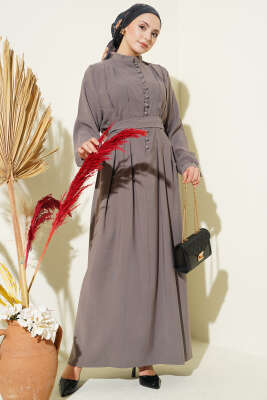 Yarım Brit Düğmeli Pensli Tensel Elbise Vizon - NESSİA