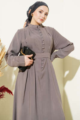 Yarım Brit Düğmeli Pensli Tensel Elbise Vizon - Elbise