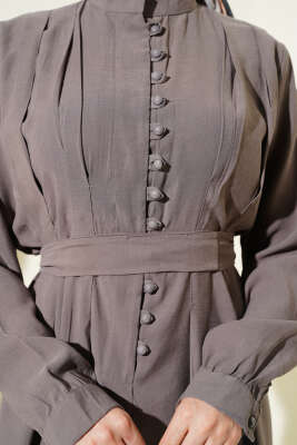 Yarım Brit Düğmeli Pensli Tensel Elbise Vizon - Elbise