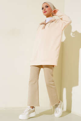 Yarım Çıt Çıt Düğmeli Tunik Bej - Tunik