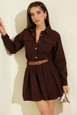 Yarım Çıtçıtlı Kemerli Pileli Mini Elbise Kahve - Kadın Giyim Modelleri