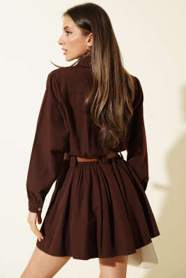Yarım Çıtçıtlı Kemerli Pileli Mini Elbise Kahve - Kadın Giyim Modelleri