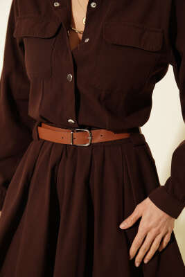 Yarım Çıtçıtlı Kemerli Pileli Mini Elbise Kahve - Kadın Giyim Modelleri