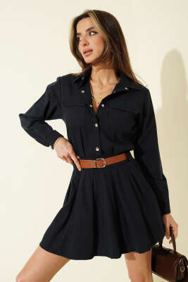 Yarım Çıtçıtlı Kemerli Pileli Mini Elbise Lacivert - LEVURE