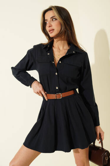 Yarım Çıtçıtlı Kemerli Pileli Mini Elbise Lacivert - Kadın Giyim Modelleri