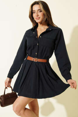 Yarım Çıtçıtlı Kemerli Pileli Mini Elbise Lacivert - Kadın Giyim Modelleri