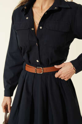 Yarım Çıtçıtlı Kemerli Pileli Mini Elbise Lacivert - Kadın Giyim Modelleri