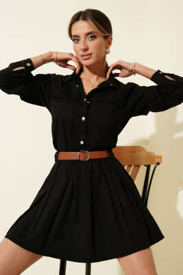 Yarım Çıtçıtlı Kemerli Pileli Mini Elbise Siyah - LEVURE