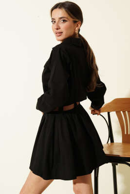 Yarım Çıtçıtlı Kemerli Pileli Mini Elbise Siyah - Kadın Giyim Modelleri