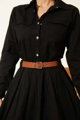 Yarım Çıtçıtlı Kemerli Pileli Mini Elbise Siyah - Kadın Giyim Modelleri