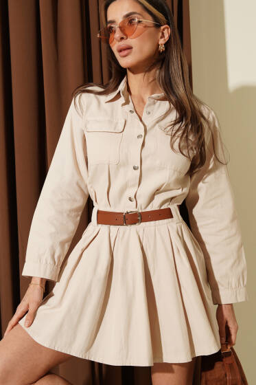 Yarım Çıtçıtlı Kemerli Pileli Mini Elbise Taş - Kadın Giyim Modelleri