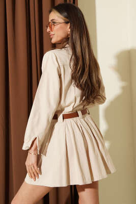 Yarım Çıtçıtlı Kemerli Pileli Mini Elbise Taş - Kadın Giyim Modelleri