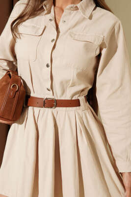 Yarım Çıtçıtlı Kemerli Pileli Mini Elbise Taş - Kadın Giyim Modelleri