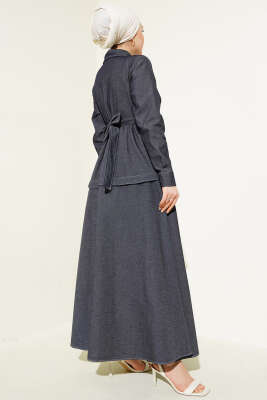 Yarım Çıtçıtlı Kuşaklı Kot Elbise Füme - Tesettür Elbise