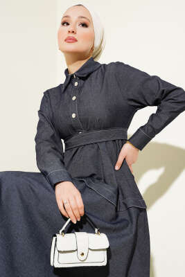 Yarım Çıtçıtlı Kuşaklı Kot Elbise Füme - Tesettür Elbise