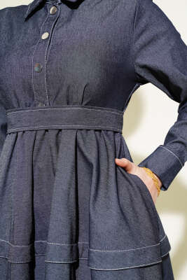 Yarım Çıtçıtlı Kuşaklı Kot Elbise Füme - Tesettür Elbise