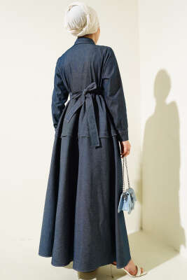 Yarım Çıtçıtlı Kuşaklı Kot Elbise Koyu Mavi - Tesettür Elbise