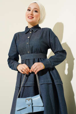 Yarım Çıtçıtlı Kuşaklı Kot Elbise Koyu Mavi - Tesettür Elbise