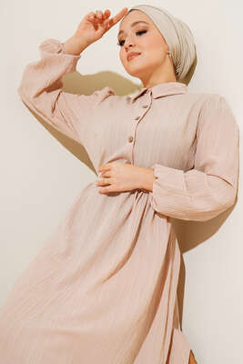 Yarım Düğme Patlı Kuşaklı Elbise Bej - Thumbnail