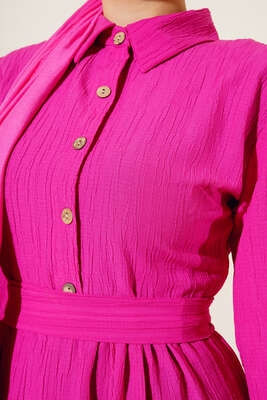 Yarım Düğme Patlı Kuşaklı Elbise Fuşya - Thumbnail