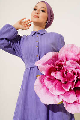 Yarım Düğme Patlı Kuşaklı Elbise Lila - Thumbnail