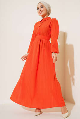 Yarım Düğme Patlı Kuşaklı Elbise Oranj - Thumbnail