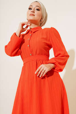 Yarım Düğme Patlı Kuşaklı Elbise Oranj - Thumbnail