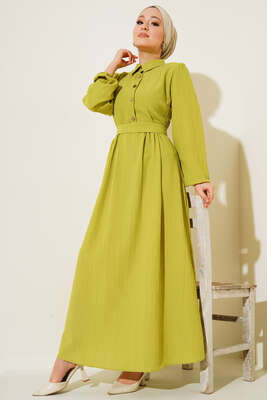 Yarım Düğme Patlı Kuşaklı Elbise Yağ Yeşil - Thumbnail