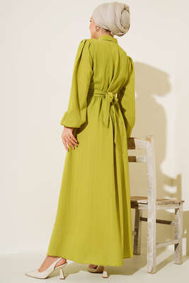 Yarım Düğme Patlı Kuşaklı Elbise Yağ Yeşil - Thumbnail