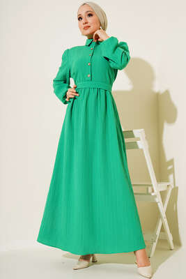 Yarım Düğme Patlı Kuşaklı Elbise Yeşil - Thumbnail