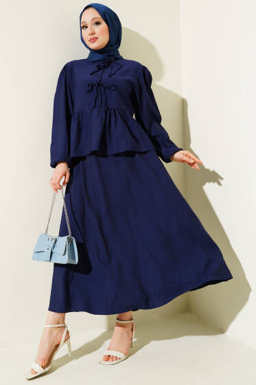 Yarım Düğmeli Bağcıklı Etekli İkili Takım Lacivert - İkili Takım