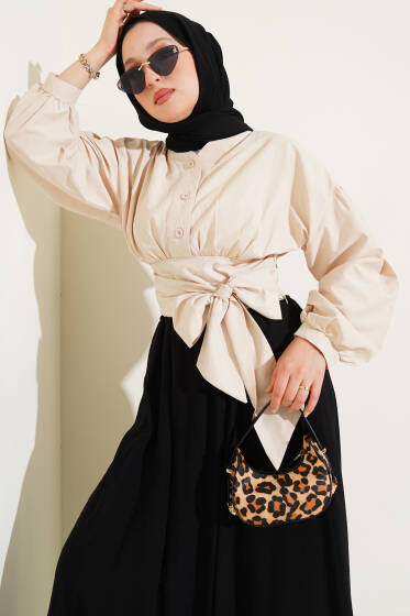 Yarım Düğmeli Bağlamalı Kısa Gömlek Bej - Gömlek