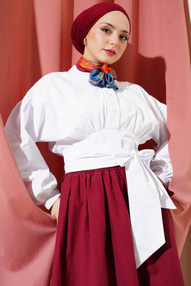 Yarım Düğmeli Bağlamalı Kısa Gömlek Beyaz - Gömlek