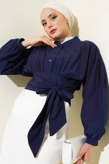 Yarım Düğmeli Bağlamalı Kısa Gömlek Lacivert - Gömlek