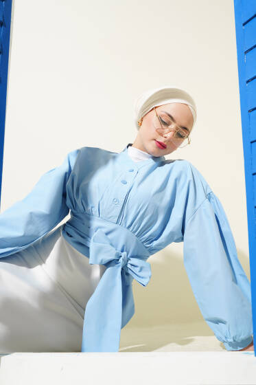 Yarım Düğmeli Bağlamalı Kısa Gömlek Mavi - Gömlek