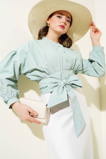 Yarım Düğmeli Bağlamalı Kısa Gömlek Mint - Gömlek