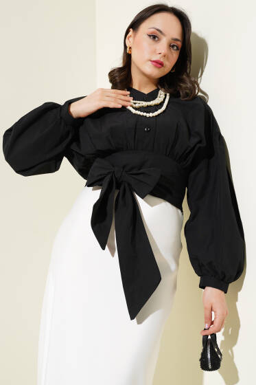 Yarım Düğmeli Bağlamalı Kısa Gömlek Siyah - Gömlek