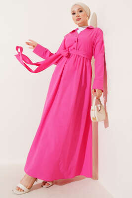 Yarım Düğmeli Bağlamalı Terikoton Elbise Fuşya