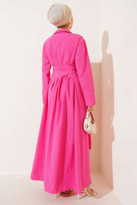 Yarım Düğmeli Bağlamalı Terikoton Elbise Fuşya - Tesettür Elbise