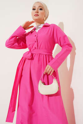 Yarım Düğmeli Bağlamalı Terikoton Elbise Fuşya - Tesettür Elbise