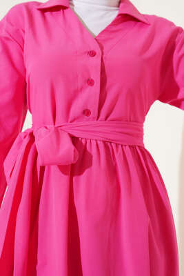 Yarım Düğmeli Bağlamalı Terikoton Elbise Fuşya - Tesettür Elbise