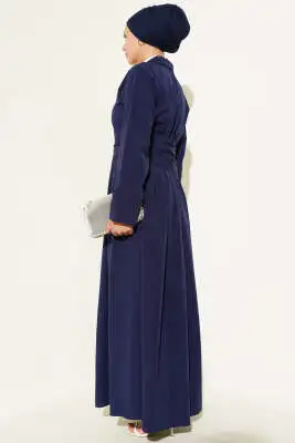 Yarım Düğmeli Bağlamalı Terikoton Elbise Lacivert - Tesettür Elbise