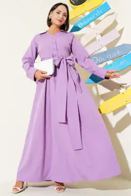 Yarım Düğmeli Bağlamalı Terikoton Elbise Lila 