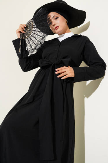 Yarım Düğmeli Bağlamalı Terikoton Elbise Siyah - Elbise