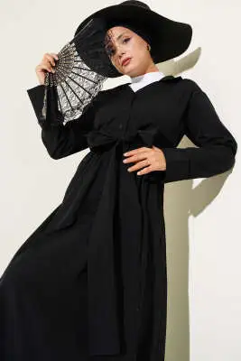 Yarım Düğmeli Bağlamalı Terikoton Elbise Siyah 