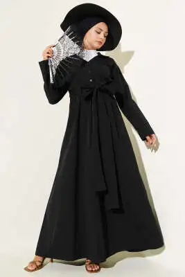 Yarım Düğmeli Bağlamalı Terikoton Elbise Siyah - Tesettür Elbise