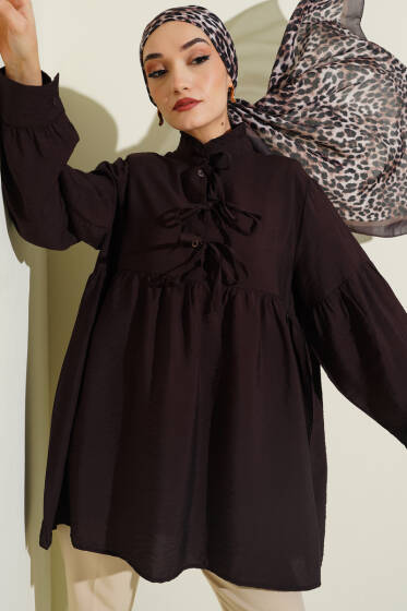 Yarım Düğmeli Bağlamalı Tunik Kahve - Tunik