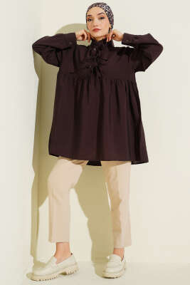 Yarım Düğmeli Bağlamalı Tunik Kahve - Tunik