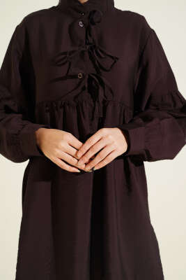 Yarım Düğmeli Bağlamalı Tunik Kahve - Tunik