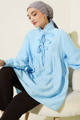 Yarım Düğmeli Bağlamalı Tunik Mavi - DESTİNA